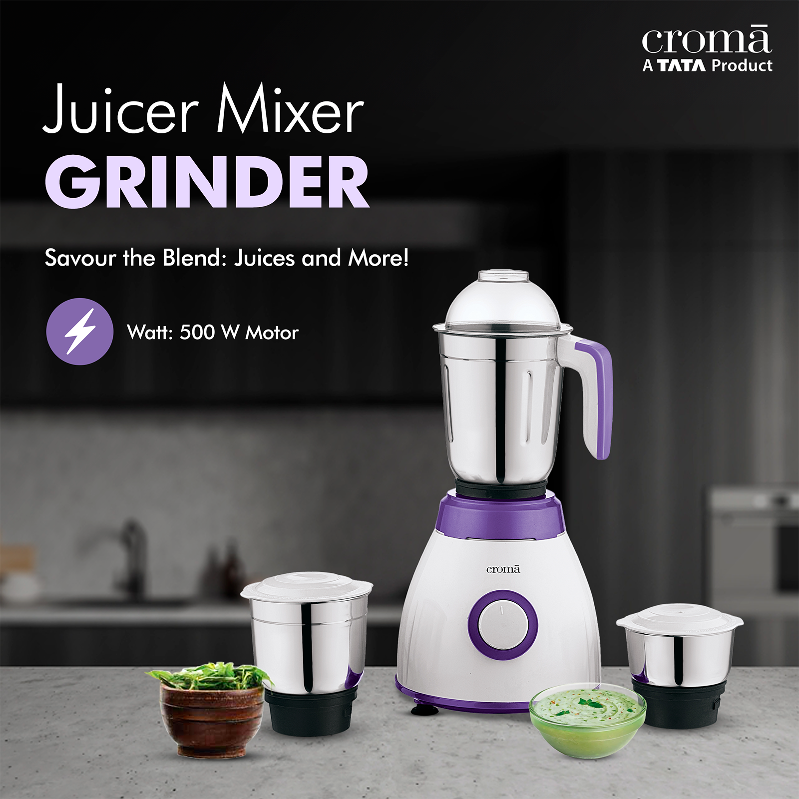 Buy Croma 500 Watt 3 Jars Mixer Grinder Rust Resistant White Purple Online Croma